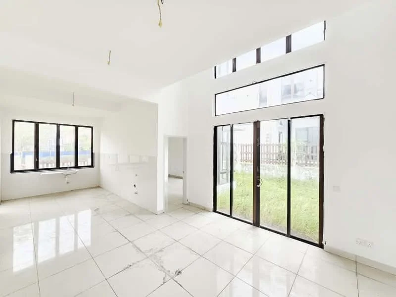 Room features: white painted walls, large floor-to-ceiling windows, sliding glass door, marble tile flooring, high ceiling, natural light from multiple windows, open layout, view of outdoor space; style: modern; view: garden.