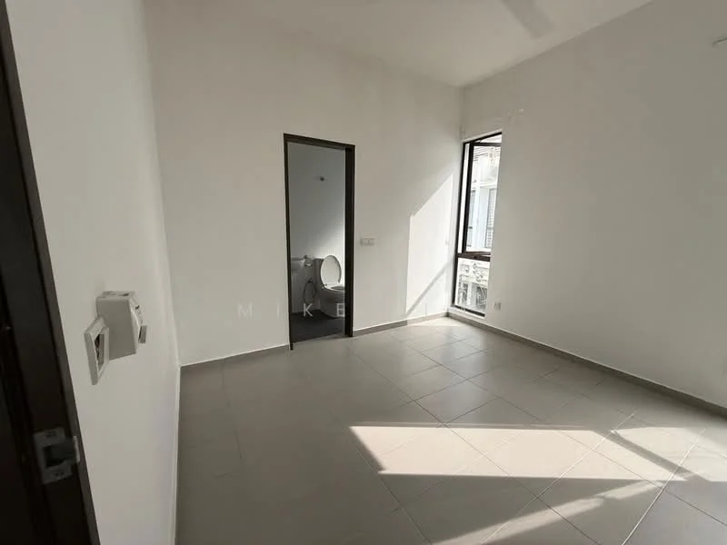 Room features: white painted walls, grey floor tiles, large window with natural light, door leading to bathroom, ceiling fan, no visible furniture; style: modern.