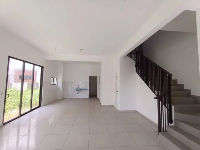 Room features: white painted walls, grey tiled flooring, staircase with wooden railing, large floor-to-ceiling windows, natural light from windows, open layout, no visible furniture, unfurnished space; style: modern; view: garden.