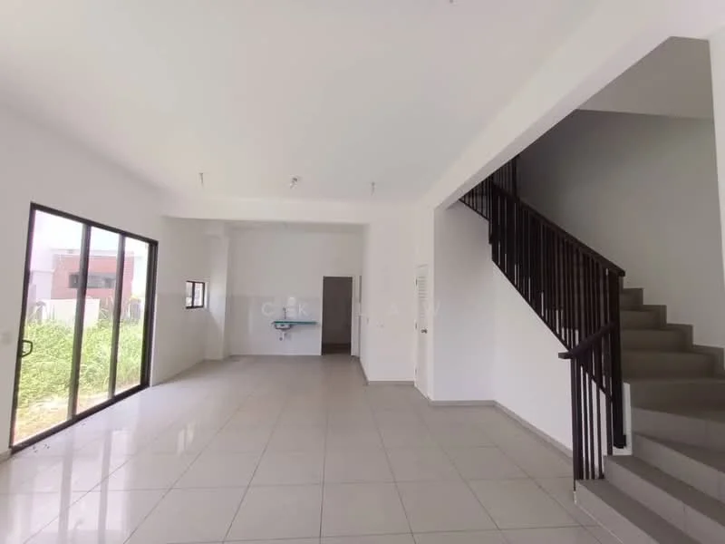 Living features: white painted walls, tile flooring, large windows, sliding glass door, staircase with wooden railing, recessed downlights, open layout, neutral color scheme; style: modern; view: garden. Kitchen features: white painted walls, tile flooring, kitchen counter with sink, open layout, neutral color scheme; style: modern; view: garden.