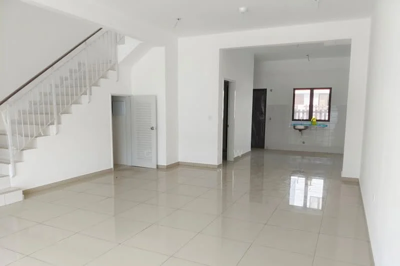 Living features: white painted walls, glossy ceramic tile flooring, staircase with white railing, recessed downlights, large window with red frame, open layout, high ceiling, no visible furniture; style: modern. Kitchen features: white painted walls, glossy ceramic tile flooring, sink with faucet, window with red frame, no visible appliances, open layout to living area; style: modern.