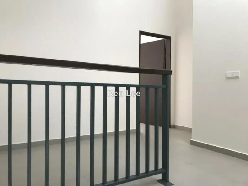 Room features: white painted walls, grey tiled flooring, metal railing, doorway leading to another room, neutral color scheme, high ceiling, minimalist design; style: modern.