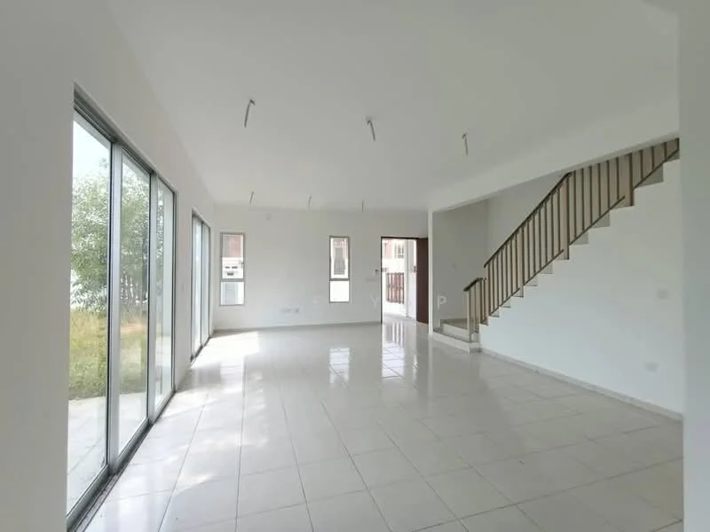 Living features: large floor-to-ceiling windows, white painted walls, tile flooring, staircase with wooden railing, recessed ceiling lights, open layout, natural light from windows, view of greenery outside; style: modern; view: garden.