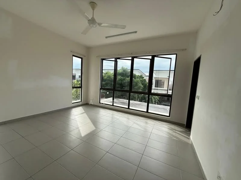 Living features: large floor-to-ceiling windows, white painted walls, grey tiled flooring, 5-blade ceiling fan, natural light from windows, view of greenery outside; style: modern; view: garden.
