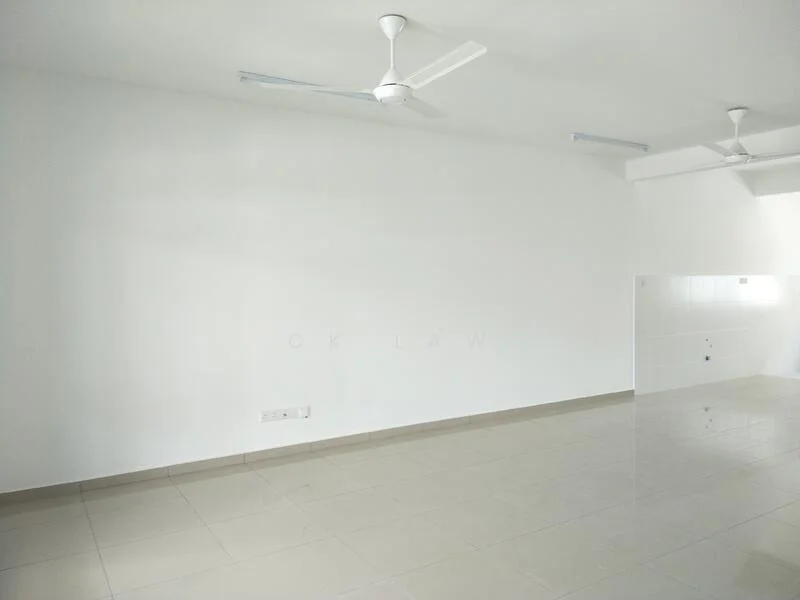 Room features: white painted walls, polished ceramic tile flooring, 2 ceiling fans, no visible windows, open layout; style: modern.