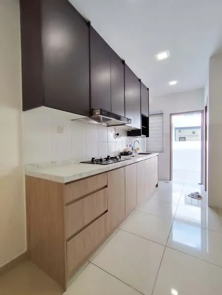 Kitchen features: brown cabinetry, white countertop, stainless-steel gas hob, built-in range hood, white tiled backsplash, white tiled flooring, under-cabinet lighting, single-bowl stainless-steel sink, window with sliding shutter, open layout, modern design; style: modern.