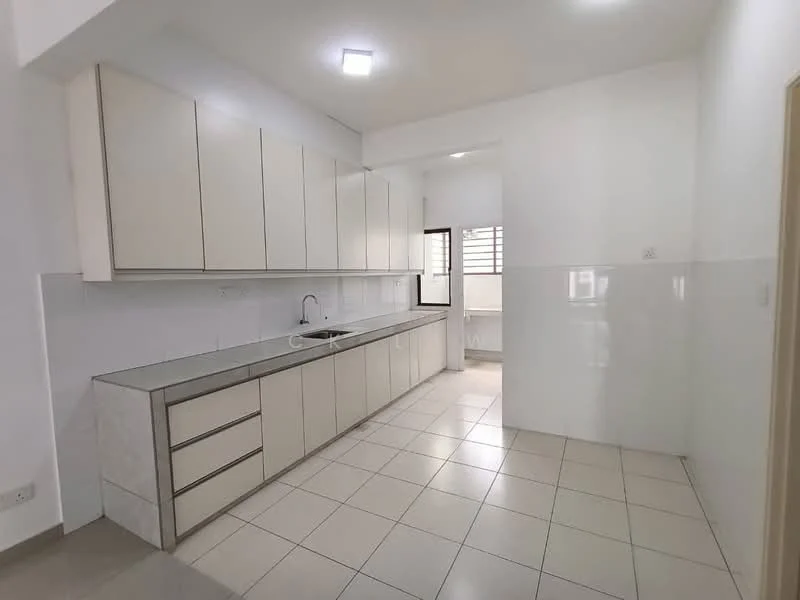 Kitchen features: white cabinetry with flat-panel doors, grey countertop, single-bowl stainless-steel sink, chrome pull-down faucet, ceramic tile flooring, white tiled walls, window with grid pattern, built-in cabinetry, open layout, recessed ceiling lights; style: modern.