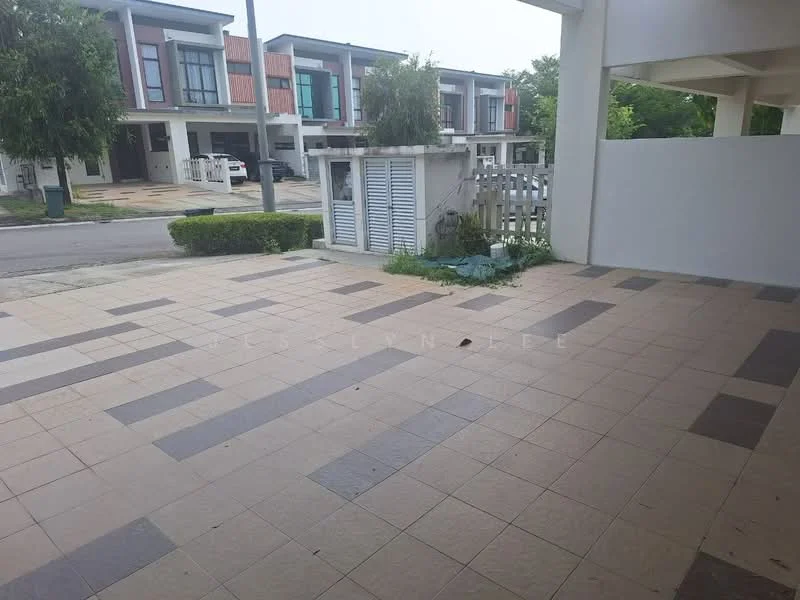 Exterior type: linked terrace house; features: paved driveway, landscaped garden with shrubs, white picket fence, two-storey house in background, manicured lawn, street view, concrete wall, grey and beige tile flooring; style: modern.