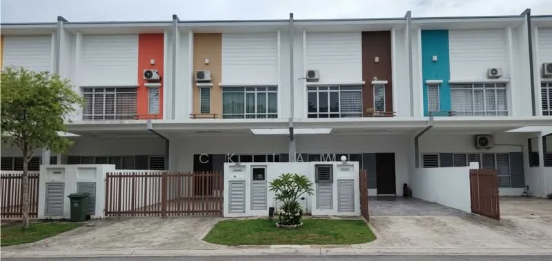 Exterior type: linked terrace house; features: white painted facade, colored accent panels in orange, brown, and teal, multiple wall-mounted split AC units, front garden area with landscaping, paved walkway, fenced front yard, two main entrances visible, parking area in front; style: modern.