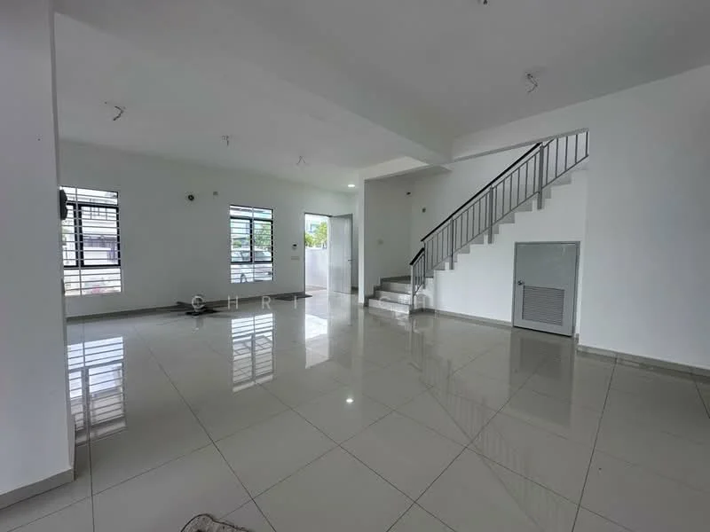 Living features: white painted walls, glossy ceramic tile flooring, recessed downlights, large windows with black frames, open layout, staircase with metal railing, air conditioning unit, corner for potential furniture placement; style: modern.