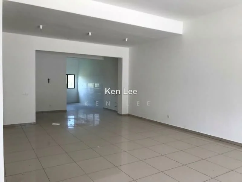 Room features: white painted walls, glossy tile flooring, recessed downlights, open layout, large window, neutral color scheme, no visible furniture, smooth ceiling; style: modern.