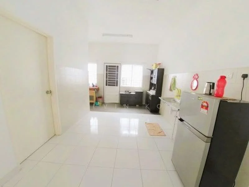 Kitchen features: white painted walls, glossy white tile flooring, single-bowl stainless-steel sink, chrome pull-down faucet, black cabinetry, built-in kitchen counter, stainless-steel fridge, window with grid pattern, kitchen mat; style: modern.