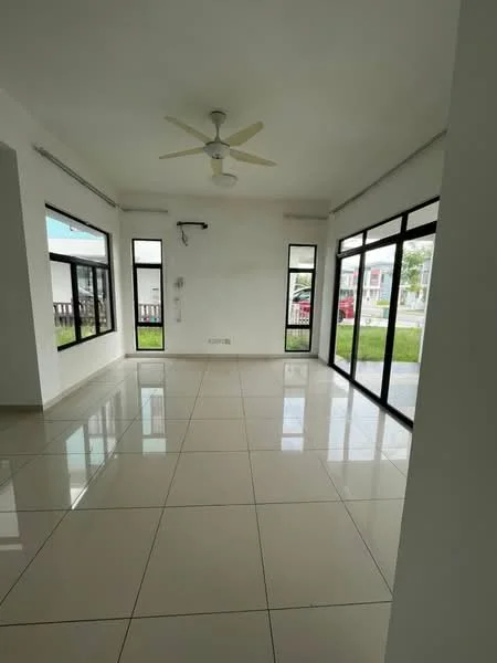 Living features: white painted walls, glossy ceramic tile flooring, 5-blade ceiling fan, floor-to-ceiling windows, sliding glass door, natural light, neutral color scheme, open layout; style: modern; view: garden.