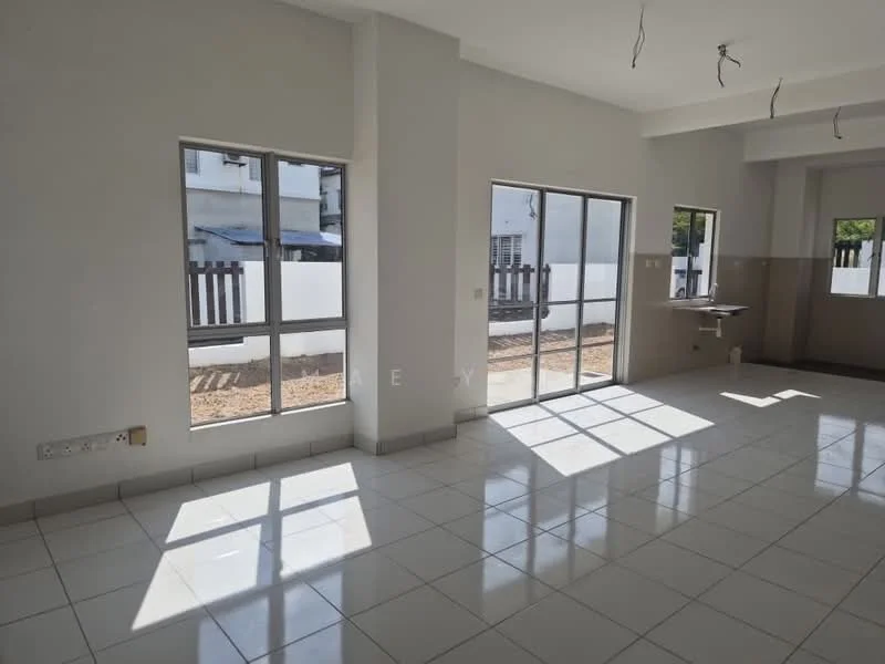 Room features: white painted walls, glossy white tile flooring, floor-to-ceiling windows, sliding glass door, natural light from windows, minimalist ceiling with exposed wiring, open layout, view of outdoor area; style: modern; view: garden.