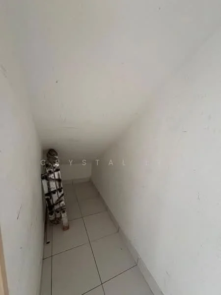 Room features: white painted walls, tile flooring, sloped ceiling, storage space.