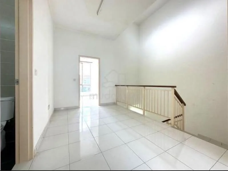 Room features: white painted walls, white ceiling, tile flooring, staircase with wooden railing, natural light from windows, doorway leading to another room, doorway leading outside, bathroom door visible; style: minimalist.