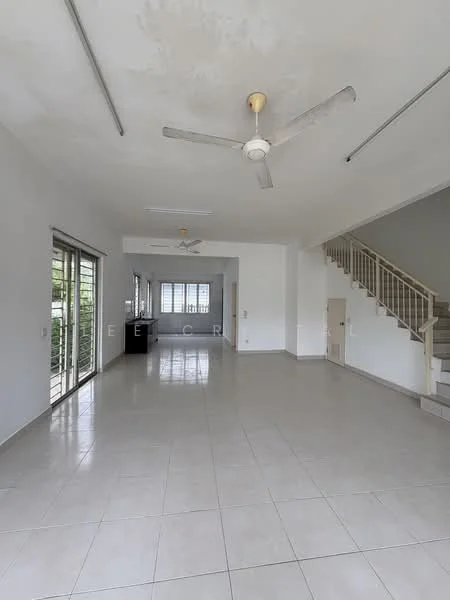 Living features: white painted walls, tile flooring, 5-blade ceiling fan, sliding glass door, large windows, staircase, open layout, natural light; style: modern; view: garden.