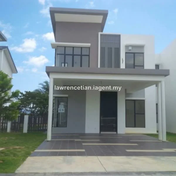 Exterior type: detached bungalow; features: white painted facade, grey accent wall, flat roof, 2-storey, manicured lawn, paved driveway, large windows, covered porch, vertical fins on facade, surrounded by greenery; style: modern.
