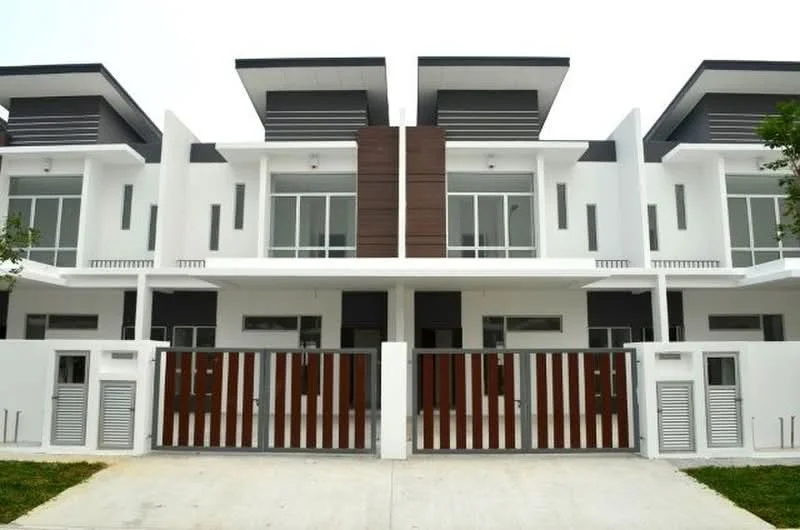 Exterior type: linked terrace house; features: white painted facade, wooden accent panels, glass windows, flat roof, two-storey structure, manicured landscaping, driveway with interlocking pavers, gated entry, modern architectural design, horizontal louvre screens; style: modern.