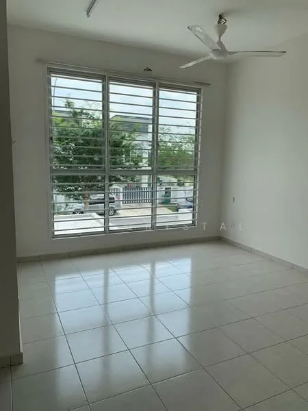 Room features: white painted walls, glazed tile flooring, large sliding windows with horizontal slats, ceiling fan, natural light from windows, view of exterior greenery, neutral color scheme, no visible furniture; style: modern; view: garden.
