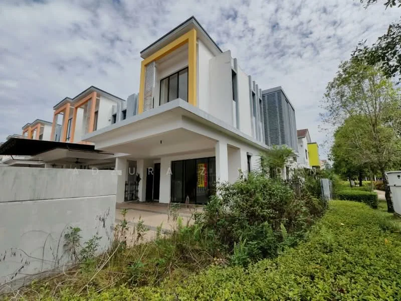 Exterior type: linked terrace house; features: white painted facade, yellow accent panels, grey cladding, large windows, manicured landscaping, paved walkway, two-storey structure, surrounded by greenery; style: modern.