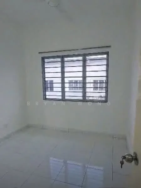 Room features: white painted walls, white tiled flooring, sliding window with metal grille, ceiling fan, no visible furniture.