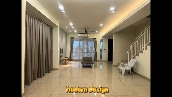 Living features: cream painted walls, glossy beige tile flooring, recessed LED downlights, 5-blade ceiling fan with light, floor-to-ceiling windows with sheer curtains, sliding glass door, sofa in grey fabric, decorative wall art, open layout, neutral color palette, decorative side table; style: modern.