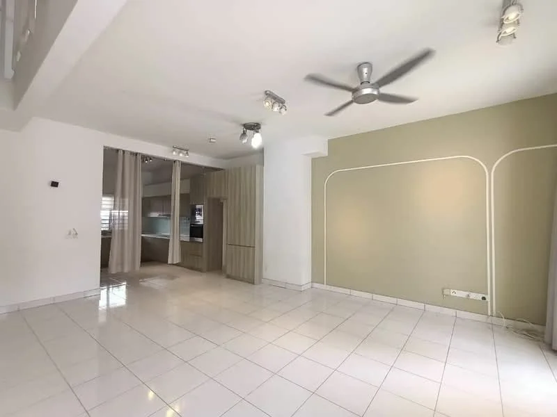 Living features: white tiled flooring, cream painted walls, accent wall in olive green, 5-blade ceiling fan with light, recessed downlights, curtains, open layout to kitchen, wall-mounted electrical outlets; style: modern.
