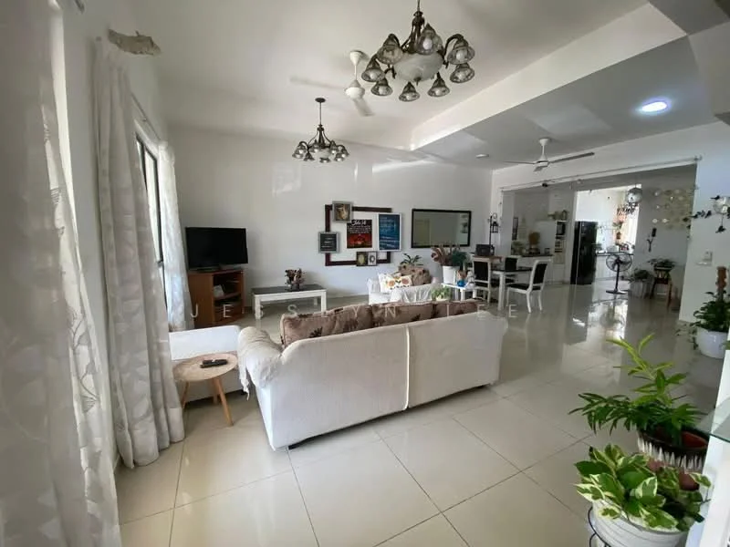 Living features: white painted walls, glossy tile flooring, 5-blade ceiling fan with light, chandelier, sofa in light fabric, coffee table, wall-mounted TV, decorative wall art, curtains, houseplants in ceramic pots; style: modern. Dining features: open-plan layout, dining table, chairs, kitchen area visible; style: modern.