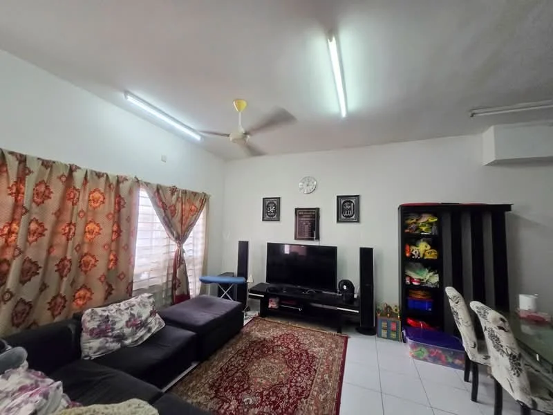 Living features: 3-seater fabric sofa in dark grey, 2-seater fabric sofa in dark grey, area rug with intricate pattern, wall-mounted TV, TV console, ceiling fan with light, recessed LED downlights, curtains with floral pattern, white painted walls, tiled flooring, decorative wall clock, decorative artwork on wall, open shelving unit with toys; style: contemporary.