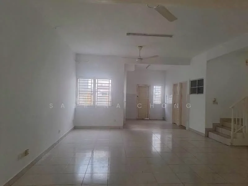 Living features: white painted walls, tile flooring, ceiling fan, large windows with horizontal slats, staircase, doorway leading to other rooms, neutral color scheme, open layout; style: modern.