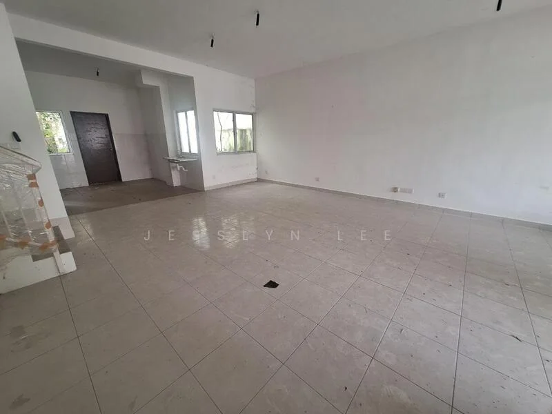 Room features: white painted walls, tile flooring, large windows, open layout, no visible furniture, high ceiling, neutral color scheme, unfinished flooring, visible plumbing fixtures, natural light from windows; style: minimalist.