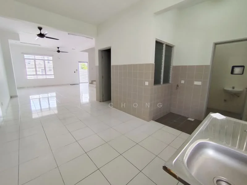 Room features: white painted walls, glossy white tile flooring, ceiling fan, large windows with natural light, sink with stainless-steel basin, grey tiled backsplash, doorway leading to another room, wall-mounted mirror, toilet in adjacent room, open layout, neutral color scheme; style: modern.
