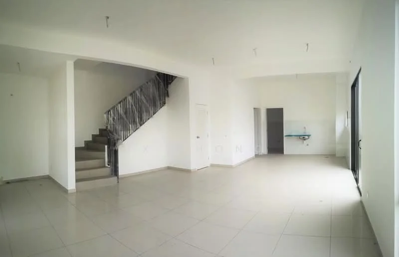 Room features: white painted walls, tile flooring, staircase with metal railing, large windows, open layout, ceiling lights, doorway leading to another room, kitchenette area with sink; style: modern.