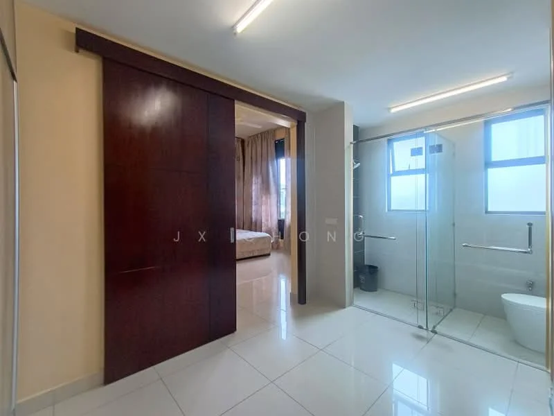 Bathroom features: glass shower enclosure, white bathtub, chrome wall-mounted faucet, white toilet, large format tile flooring, neutral wall tiles, window for natural light, grab bars, sliding wooden door, recessed lighting; style: modern. Room features: bed visible through doorway, curtains, neutral wall color, tile flooring.