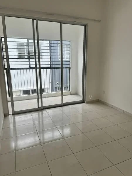 Room features: white painted walls, glazed sliding glass door, tile flooring, balcony access, natural light from balcony, neutral color scheme, window with horizontal bars, minimalist design; style: modern.