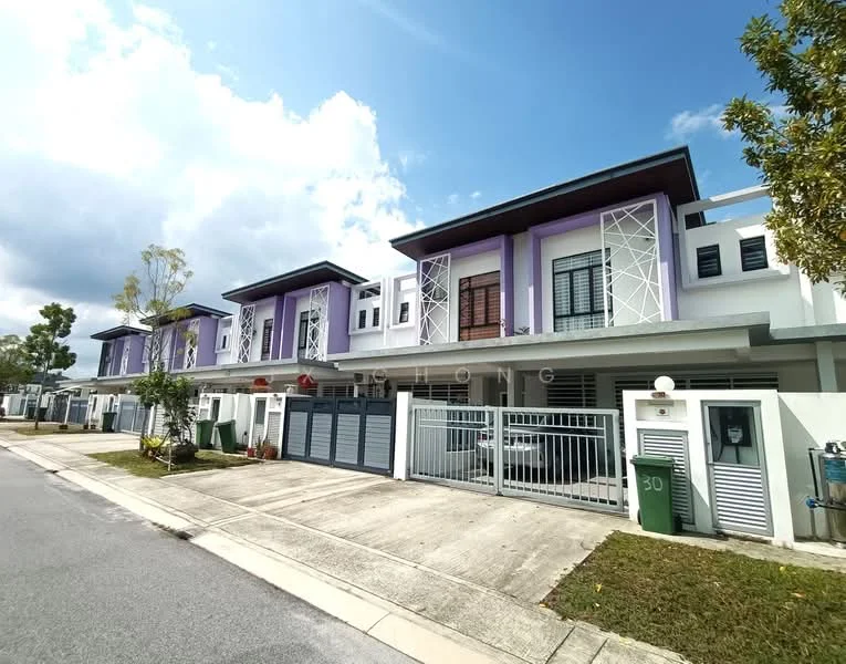 Exterior type: linked terrace house; features: white painted facade, purple accent walls, recessed balconies, metal railings on balconies, flat roof, two-storey structure, manicured landscaping, driveway with interlocking pavers, visible garage doors, front gate with intercom, surrounded by greenery; style: modern.