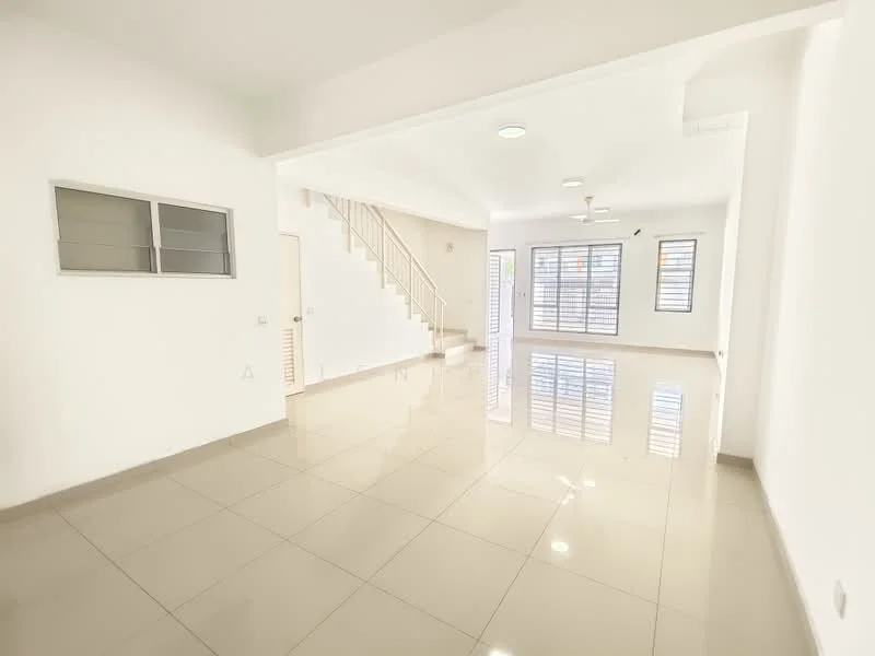 Living features: white painted walls, glossy ceramic tile flooring, recessed downlights, 5-blade ceiling fan, large windows with horizontal blinds, open layout, staircase visible, natural light flooding in; style: modern.