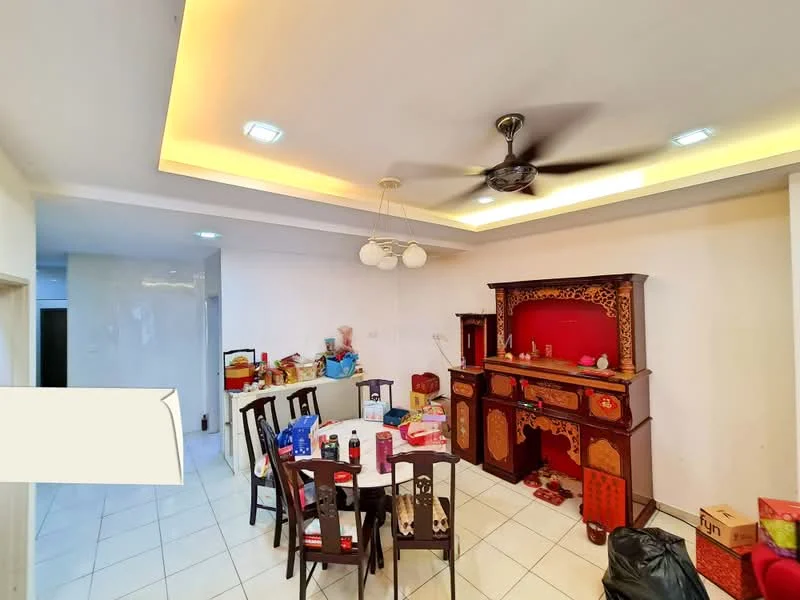 Dining features: rectangular dining table with white tablecloth, 8 dining chairs, wooden sideboard with intricate carvings, ceiling fan with light, recessed lighting, cream painted walls, white tiled flooring, decorative items on sideboard, various bags and boxes on the floor; style: traditional.
