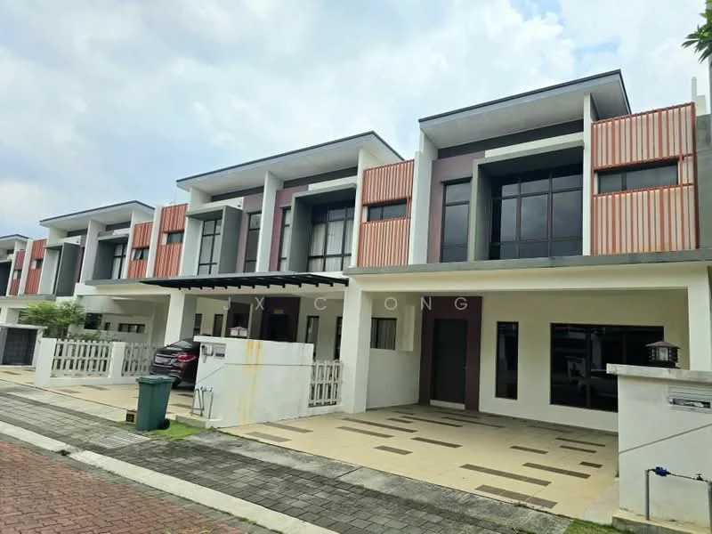 Exterior type: linked terrace house; features: two-storey building, white painted facade, red and grey accent panels, large windows, front porch with tiled flooring, manicured lawn, paved driveway, fence with gate, modern architectural design, overhanging roof, balconies on upper floor; style: modern.