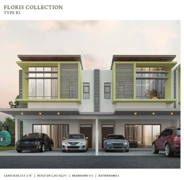Exterior type: linked terrace house; features: two-storey building, white painted facade, green accent panels, large windows with horizontal slats, flat roof, car porch for two vehicles, manicured lawn, modern architectural design; style: modern.