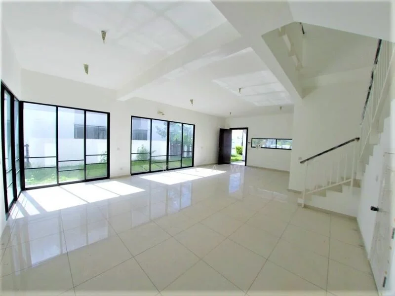 Living features: white painted walls, glossy ceramic tile flooring, exposed beams on ceiling, large floor-to-ceiling windows, sliding glass door, natural light flooding in, open layout, view of garden, recessed downlights; style: modern; view: garden.