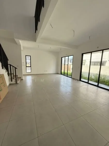 Living features: white painted walls, tile flooring, large floor-to-ceiling windows, sliding glass door, open layout, staircase with wooden railing, natural light, view of garden; style: modern; view: garden.