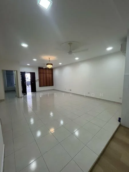 Living features: white painted walls, glossy ceramic tile flooring, recessed LED downlights, 5-blade ceiling fan, chandelier, double-door entrance, window with blinds, neutral color scheme; style: modern.