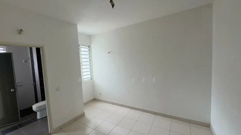 Room features: white painted walls, tile flooring, window with horizontal slats, door leading to bathroom, light fixture on ceiling.
