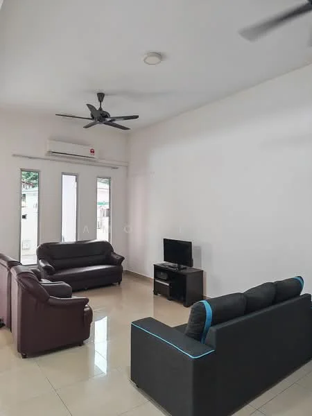 Living features: 2 brown leather sofas, 1 grey fabric sofa with blue accents, coffee table, wall-mounted TV, tile flooring, white painted walls, ceiling fan with light, air conditioning unit, floor-to-ceiling windows, natural light; style: modern.