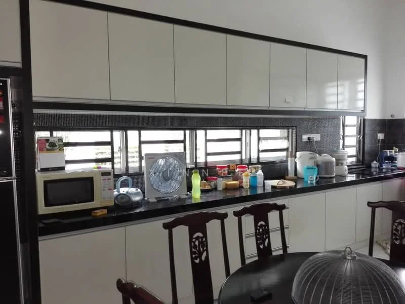 Kitchen features: white cabinetry, black countertop, built-in microwave, freestanding microwave, kettle, toaster, multiple containers, window with horizontal slats, ceiling light, table with decorative cover, wooden dining chairs; style: modern.