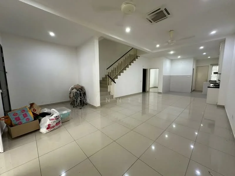 Living features: white painted walls, glossy ceramic tile flooring, recessed downlights, 5-blade ceiling fan, staircase with wooden handrail, open layout, large windows, space for furniture arrangement; style: modern. Room features: white painted walls, glossy ceramic tile flooring, recessed downlights, doorway leading to kitchen, doorway leading to bathroom, space for additional furniture.