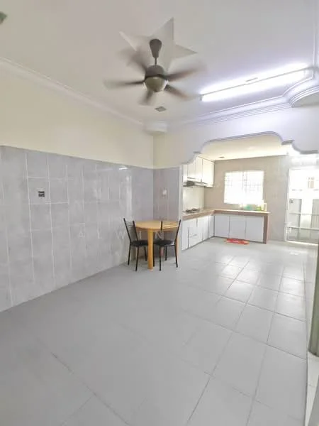 Kitchen features: grey tiled flooring, white painted walls, ceiling with recessed lighting, 5-blade ceiling fan, kitchen cabinets with white finish, countertop with laminate surface, window for natural light, dining table with 2 chairs; style: modern.