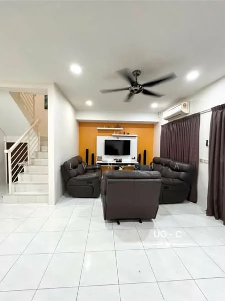 Living features: 3-seater leather sofa in dark brown, 2-seater leather sofa in dark brown, coffee table, wall-mounted TV, entertainment unit, white painted walls, orange accent wall, recessed downlights, 5-blade ceiling fan, sliding glass door, curtains in dark brown, tile flooring in white, air conditioning unit; style: modern.